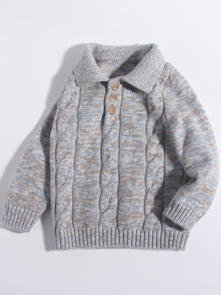 Kids Speckled Beige Blue Cable Knit Cashmere Sweater with Collar